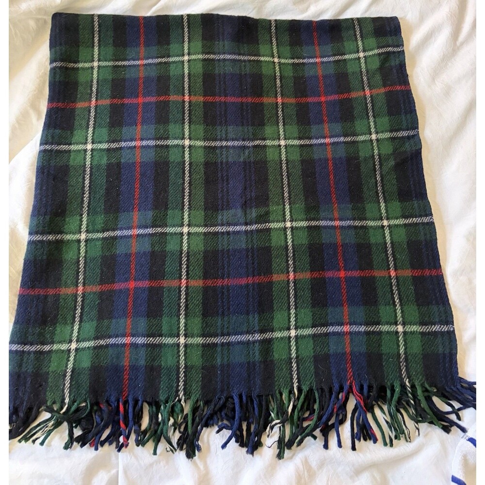 Troy Robe Stadium Blanket 48x48 Throw Green Navy Red Plaid USA Made Clean Vintag